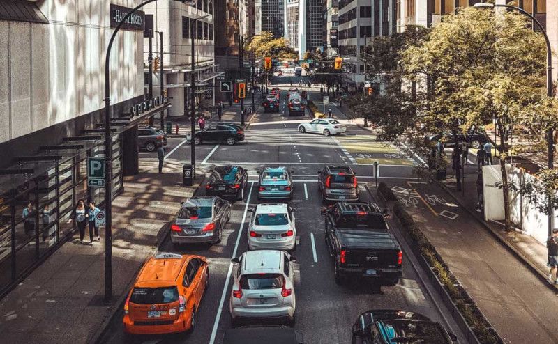 A busy intersection in Vancouver, Canada.