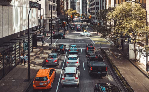 A busy intersection in Vancouver, Canada.