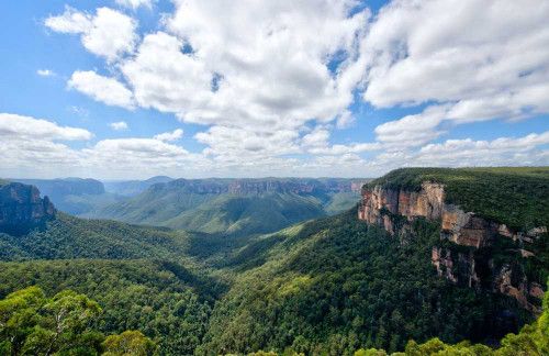 Looking over the Blue Mountains with blue sky and clouds.