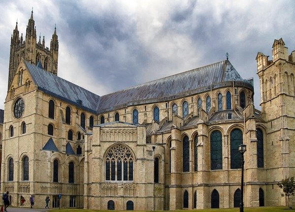 The Canterbury Cathedral features a mixture of Romanesque and Gothic architecture.